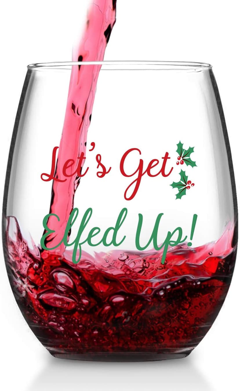 Let's Get Elfed Up Christmas Wine Glass, 15 Oz Funny Stemless Wine Glasses for Women Friends Men, Gift Idea for Christmas Wedding Party, Set of 2