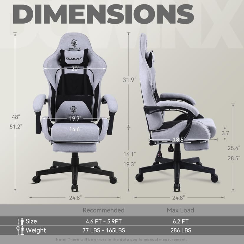 Dowinx Gaming Chair Fabric with Pocket Spring Cushion, Massage Game Chair Cloth with Headrest, Ergonomic Computer Chair with Footrest 290LBS, Black and Grey