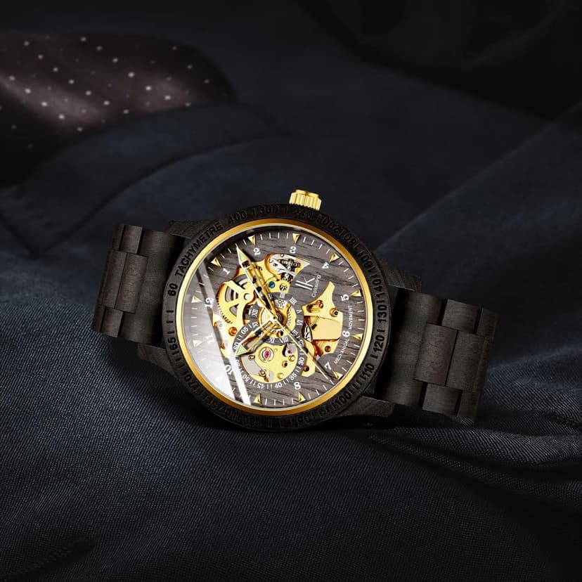 IK COLOURING Men's Watches Luxury Mechanical Wooden Case Skeleton Lumious Automatic Self-Winding Lightweight Genuine Leather Bracelet/Wood Band Wrist Watch