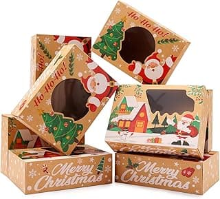 24 Pack Christmas Cookie Boxes - 8.25"x6"x2.75" Brown Kraft Bakery Box with Window for Holiday Treats, Gift Exchange Box for Baked Goods, Cookie Tins with Lids for Gift Giving