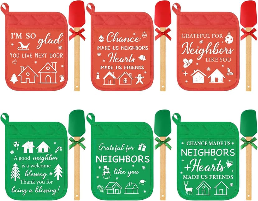 Maxdot 6 Pieces Christmas Neighbor Gifts Potholders with Pocket Silicone Spatula Kitchen Hot Pad Oven Mitts Hot Potholders Christmas Housewarming Kitchen Thank You Gift Cooking Baking for Neighbor