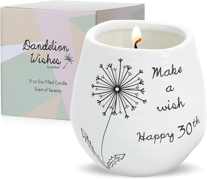 Pavilion - 8 Oz Candle Holder - White Ceramic Candle Jar with 100% Soy Wax Candle Serenity Scent "Make a wish Happy 30th" Ideal Gift for Loved Ones - Printed Text, Love Theme & Oval Shape