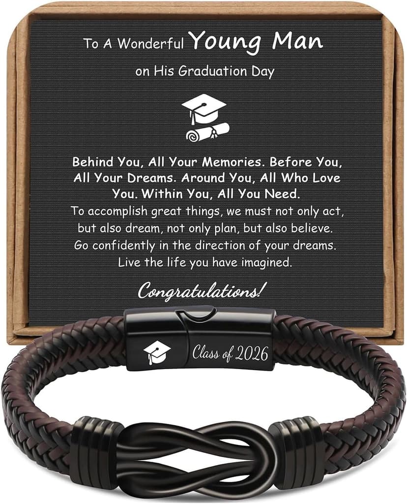 𝗚𝗿𝗮𝗱𝘂𝗮𝘁𝗶𝗼𝗻 𝗚𝗶𝗳𝘁𝘀 𝗳𝗼𝗿 𝗛𝗶𝗺 𝟮𝟬𝟮𝟱 High School, College Graduation Gifts for Men Class of 2025 Leather Stainless Steel Knot Bracelet for Son Boyfriend Brother Grandson Friends