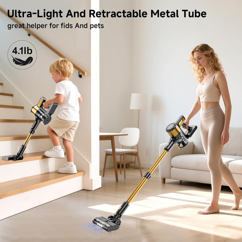 Cordless Vacuum Cleaner, 8 in 1 40Kpa 55Mins,Lightweight Vacuum Cleaners for Home, Stick Vacuum with Anti-Tangle Brush,Wall Mount, Rechargeable Cordless Vacuum for Floor/Sofa/Pet Hair,Gold