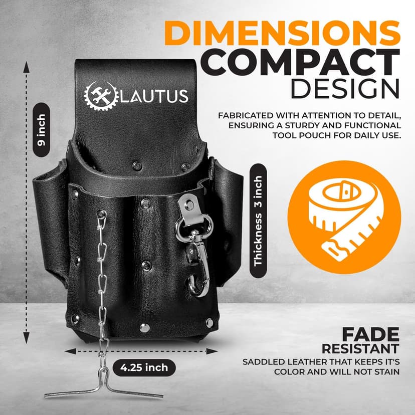 LAUTUS Electrician Full Top Grain Leather Tool Pouch; 5 Pocket Pouch with Electrical Tape Chain; Durable Compartments; Washer Rivets; Includes Metal Tool Clip; Black