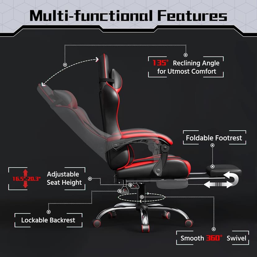 Yaheetech Gaming Chair, Video Game Chair with Massage Lumbar Support and Footrest Height Adjustable Ergonomic Computer Chair with Swivel Seat and Headrest, Black/Red