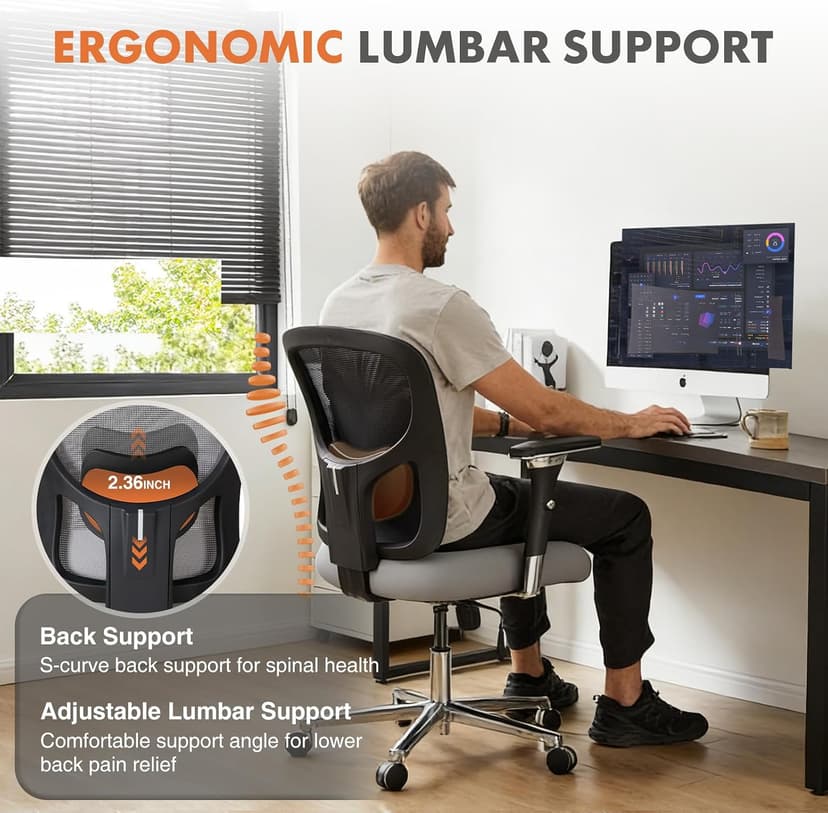 Sweetcrispy Big and Tall Office Desk Chair with Lumbar Support, 500lbs Heavy Duty Mesh Ergonomic Computer Chair with 4D Armrest and Wide Comfy Seat, 360° Swivel Wheels for Adult, Grey