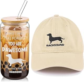 2 Pcs Dog Lovers Gifts for Women Men Funny Glass Cup with Lid Straw Cleaning Brush 16 oz and Embroidered Baseball Hat for Dog Mom Dad Lover Christmas Gift (Dachshund)