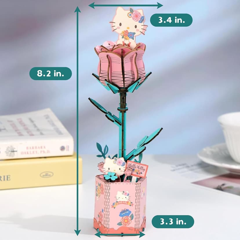 Hands Craft Hello Kitty and Friends Pink Rose 3D Wooden Puzzle Kit | DIY Flower Model | Arts & Crafts for Adults & Kids | Creative Hobby Kits | Hello Kitty Collectible | Wood Building Set