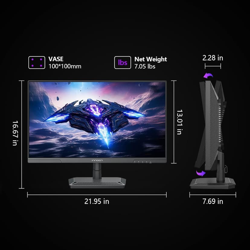 INNOCN 24.5" Monitor 1440P 240Hz QHD 2K PC Desktop Gaming Screen Fast IPS HDMI 2.1 Display, DisplayPort, Built-in Speaker, 25G2S