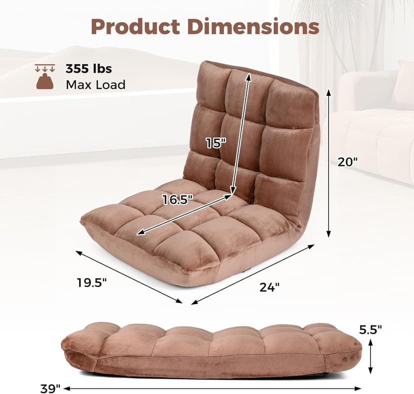 COSTWAY Floor Chair, Video Gaming Chairs with Back Support, Adjustable 14-Position, Alloy Steel Frame, Lazy Sofa Lounge Recliner for Adults Kids (Tan)