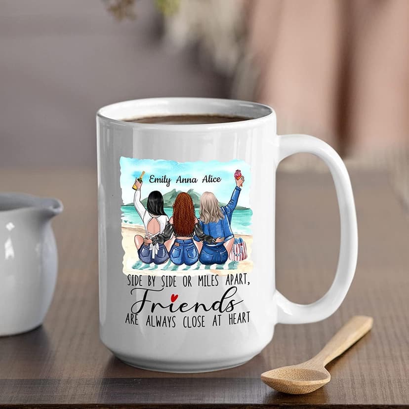 Elido Store Personalized 3 Friends Custom Mug, Side By Side Or Miles Apart Friends Are Always Close At Heart Coffee Mug Gifts For Women, Besties, Soul Sister, Friendship Mugs Custom Names 11oz, 15oz