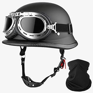 German Style Motorcycle Helmet DOT Approved with Goggles & Mask - Retro Half Helmet with Quick Release Buckle for Motorcycle Motorbike Cruiser, Scooter, Chopper (Adult Men & Women)