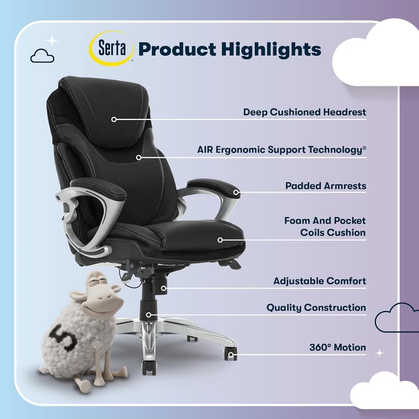Serta Bryce Executive Office Chair - Ergonomic Computer DeskChair with Lumbar Technology - Adjustable Height - Memory Foam Body Pillows - 360° Swivel Rolling Base - Bonded Leather - Black