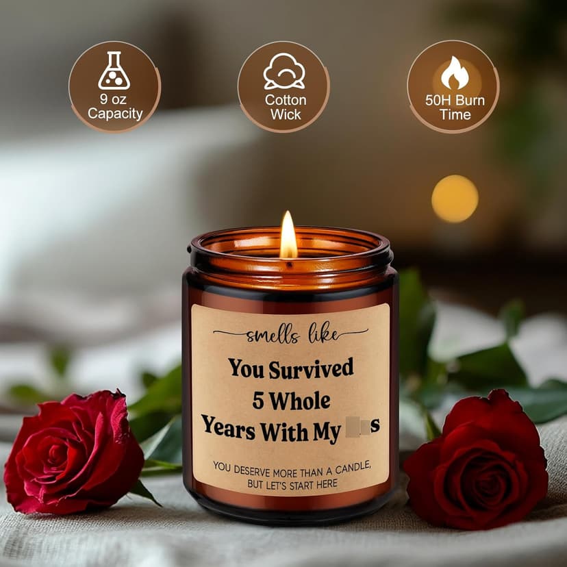 LEADO 5th Wedding Anniversary Candle - 5 Year Marriage Wood Themed Gifts for Husband Wife, 5 Year Anniversary Candle Gifts for Him Her - 5th Anniv. Funny Present for Couple, Women, Men, BF, GF