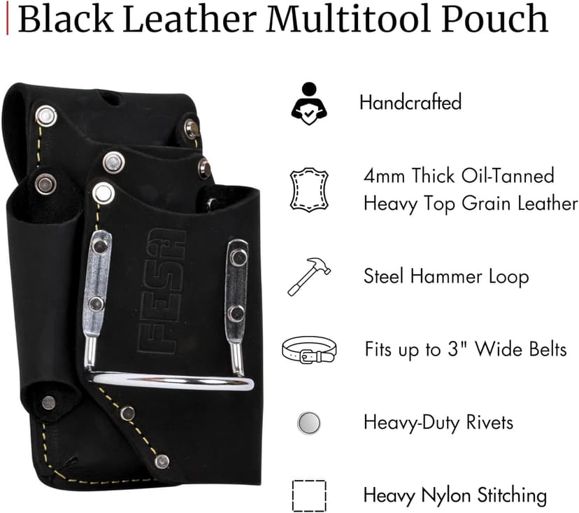 FESA Small Leather Tool Pouch - 5-in-1 Heavy Top Grain Leather Small Tool Pouch with a Steel Hammer Loop, 4 Pockets & Reinforced Heavy Duty Rivets - Fits Belts up to 3" - Handcrafted