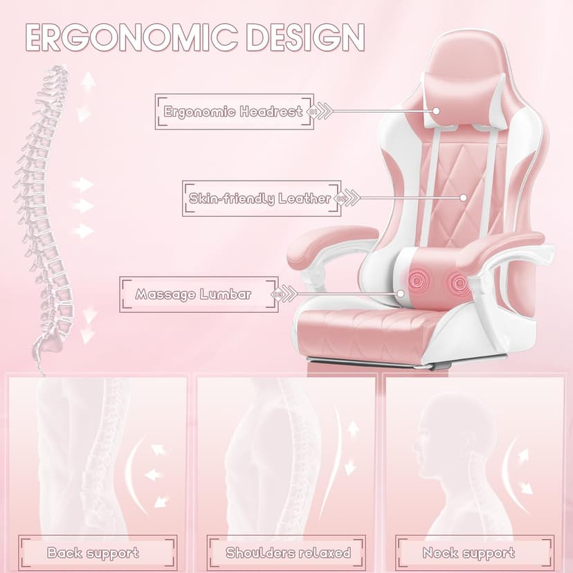Shahoo Gaming Chair with Footrest and Massage Lumbar Support, Ergonomic Office Computer Seat Height Adjustable with Headrest, Pink