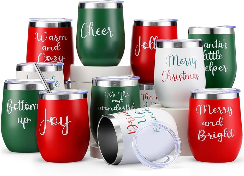 12 Pcs Christmas Wine Tumbler Set, 12 Oz Stainless Steel Double Wall Vacuum Insulated Coffee Mug Stemless Xmas Wine Glasses With Lid Straw Brushes for Women Friends Men Travel Gifts (Texts)