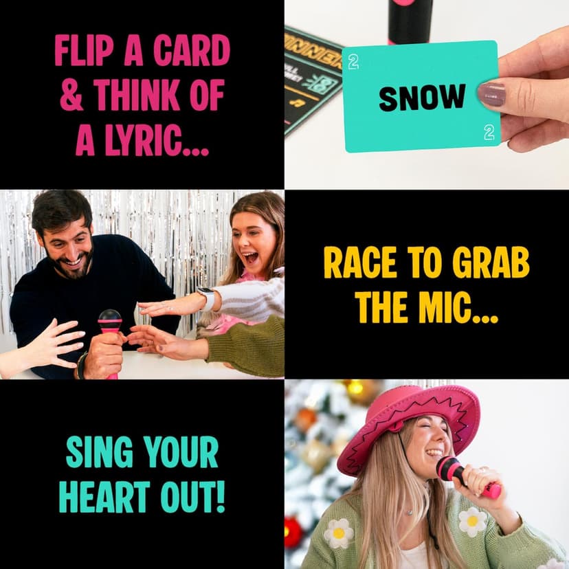 Lucky Egg Official Grab The Mic – Family Karaoke Board Game w/Foam Mic, 8+ Ages, 2-10 Players - Games for Bad Singers w/ 230 Lyrics (115 Cards)