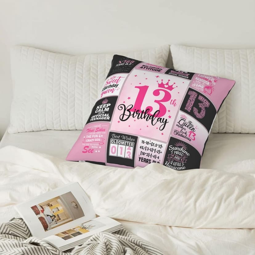 13th Birthday Gifts for Girls, 13 Year Old Girl Birthday Gift Ideas, 13 Yr Old Girl Presents Decorations for Girls Throw Pillow Covers 18x18 Inch