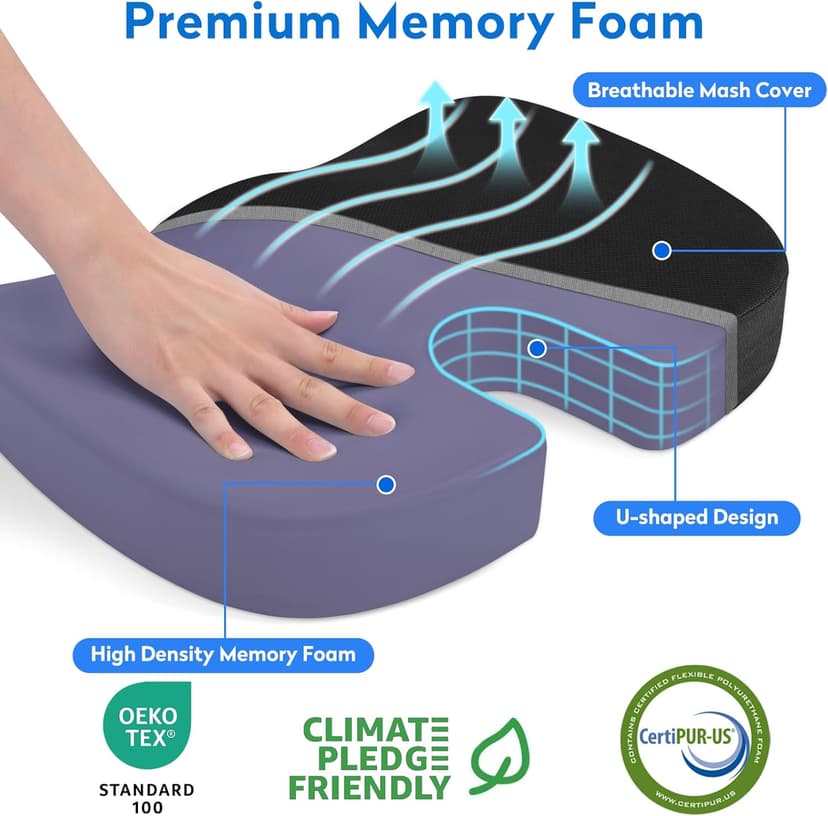 CushZone Seat Cushion - Memory Foam Office Chair Cushion for Sciatica, Tailbone & Back Pain Relief - Orthopedic Coccyx Pillow for Car, Airplane, Pregnancy & Long Sitting at Work, Black