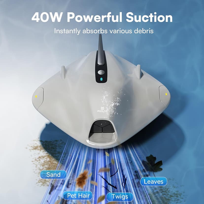 PoolMr Cordless Robotic Pool Cleaner - Above Ground Pool Vacuum Robot - 40W Strong Suction, Dual Cleaning System, Barrier Crossing, 120-Min Runtime Up to 1614 Sq for Above Ground Pools, Grayish White