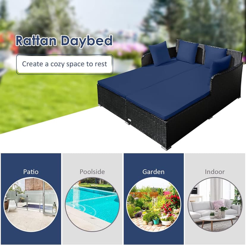Tangkula Outdoor Rattan Daybed, Sunbed Wicker Furniture w/Spacious Seat, Upholstered Cushion & High-Resilience Sponge, Wicker Patio Sofa Set w/Extra Pillows for Courtyard Poolside (Navy)