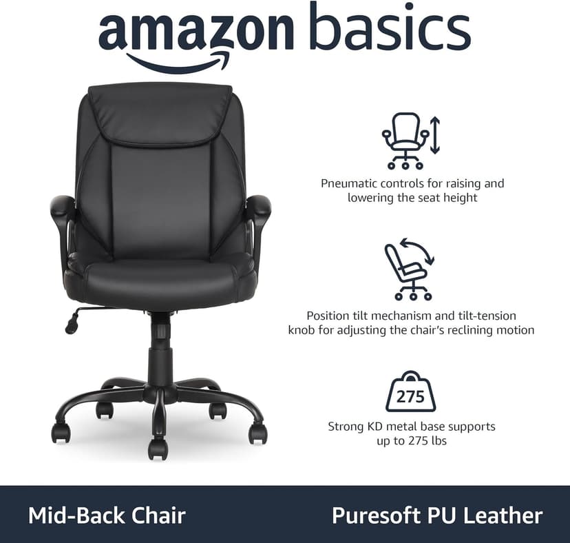 Amazon Basics Classic Puresoft PU Padded Mid-Back Office Desk Chair with Armrest, Easy Assembly, Sturdy Metal Base, Wheels, 275lb Support, 26"D x 23.75"W x 42"H, Black