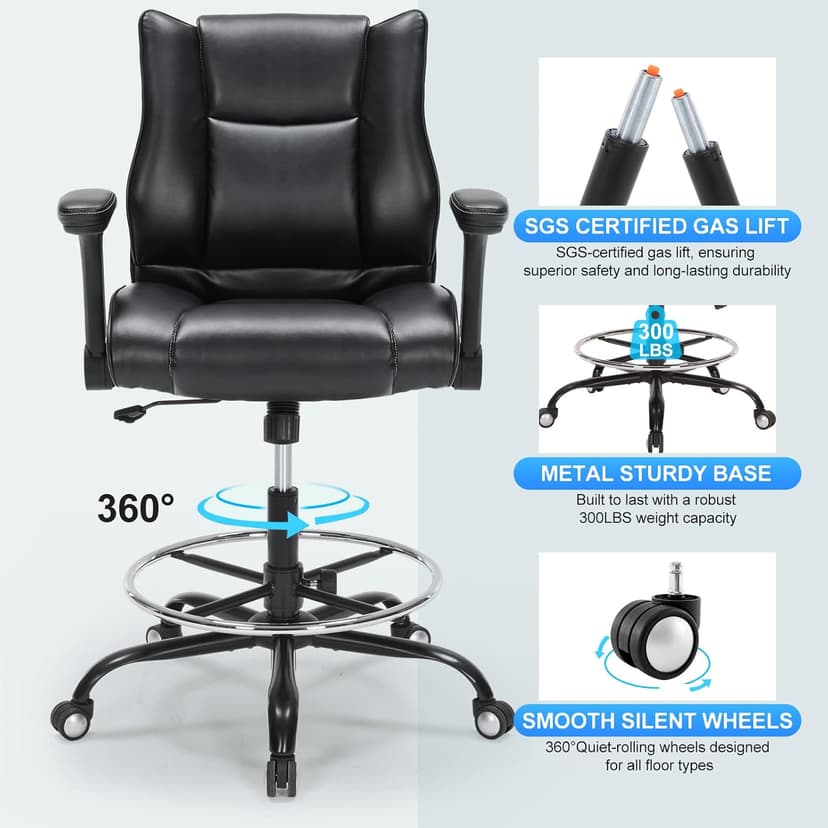 Office Drafting Chair, Tall Desk Chair with Adjustable Armrests and Footrest Ring PU Leather Standing Desk Chair with Extra Thicken Seat Cushion, Comfy High Office Chair for Counter Height Desk, Black