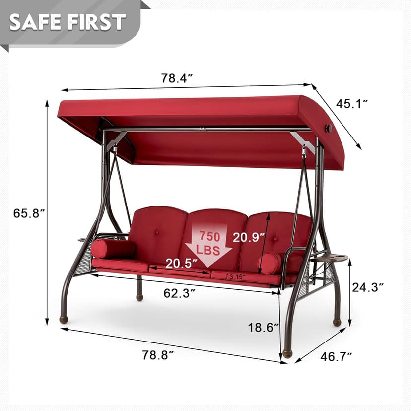 HOMREST 3 Seat Outdoor Porch Swing with Adjustable Canopy, Convertible Patio Swing Bed with Stand, Patio Glider Swing with Upgraded Cup Holder, Thicken Cushions & Pillow for Backyard(Wine Red)