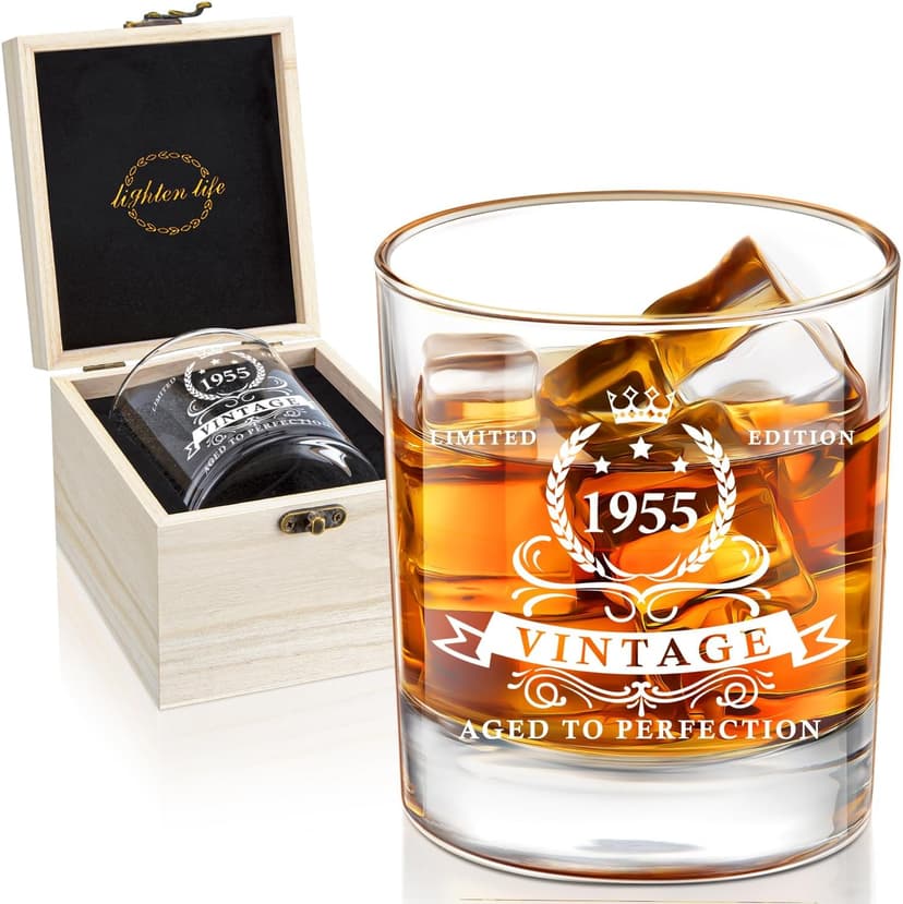 LIGHTEN LIFE 70th Birthday Gifts for Men 12 oz,1955 Whiskey Glass in Valued Wooden Box,70th Birthday Bourbon Glass for 70 Years Old Dad,Husband,Friend,70th Bday Gift Ideas