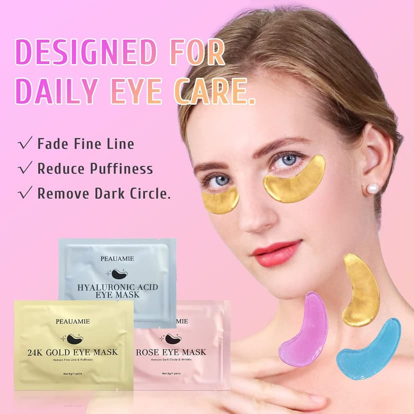 PEAUAMIE Under Eye Patches Gold and Hyaluronic Acid for puffy eyes,Rose Eye Masks for Dark Circles and Puffiness skin care Smooth Wrinkles products 30 Pairs B0BS8Y2FLK
