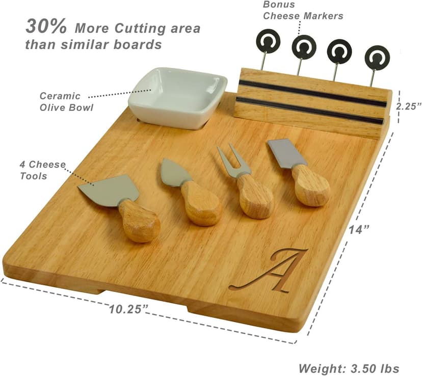 Picnic at Ascot Personalized Monogrammed Laser Engraved Hardwood Board for Cheese & Appetizers - Includes 4 Cheese Knives, Cheese Markers & Ceramic Dish - Designed in California