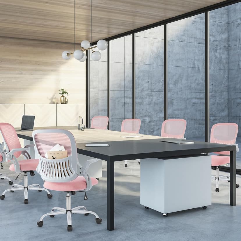 Sweetcrispy Home Office Computer Desk Chair, Ergonomic Mid-Back Mesh Rolling Work Swivel Task Chairs with Wheels, Comfortable Lumbar Support, Comfy Flip-up Arms for Bedroom, Study, Student, Pink