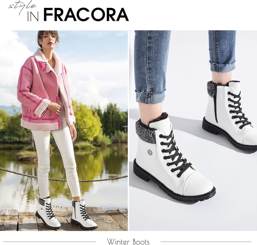 FRACORA Women's PU Leather Combat Boots Warm Fur Lined Black Ankle Booties Side Zipper White Boots Non-slip Winter Boots