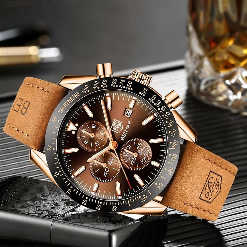 BENYAR Mens Watches Quartz Analog Chronograph Waterproof Wrist Watches for Men Fashion Business Work Casual Sport Dress Watch with Calendar
