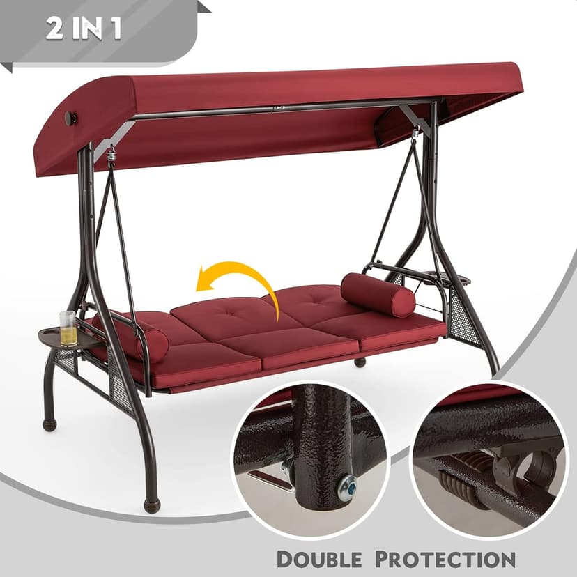 HOMREST 3 Seat Outdoor Porch Swing with Adjustable Canopy, Convertible Patio Swing Bed with Stand, Patio Glider Swing with Upgraded Cup Holder, Thicken Cushions & Pillow for Backyard(Wine Red)