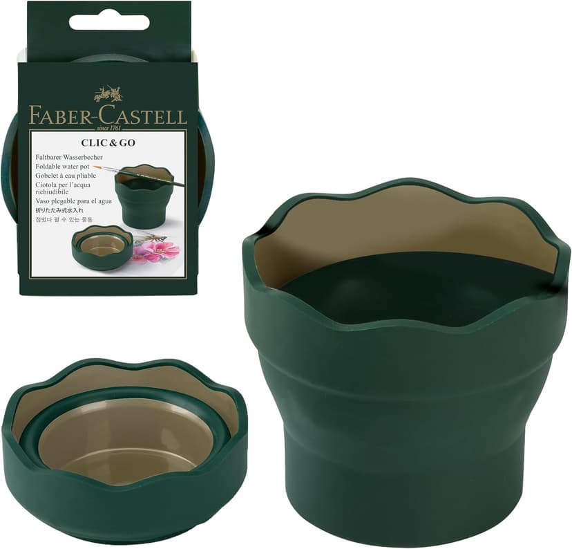 Faber-Castell Clic & Go Artist Water Cup, Dark Green - Travel-Friendly Collapsible Brush Cleaner Tool with Brush Stand, Scalloped Rim, Non-Slip Base, Portable Palette & Rinser B007TYWDQE