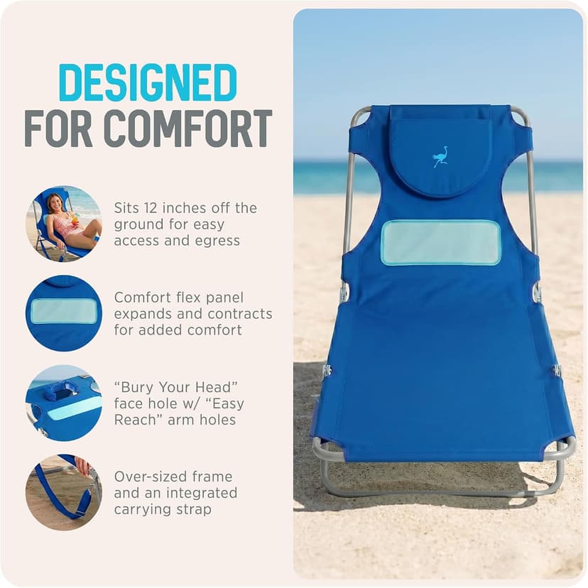 Ostrich the Ladies Comfort Lounger with Chest Support, Foldable and Portable Reclining Outdoor Patio Beach Lawn Camping Pool Tanning Chair, Ocean Blue