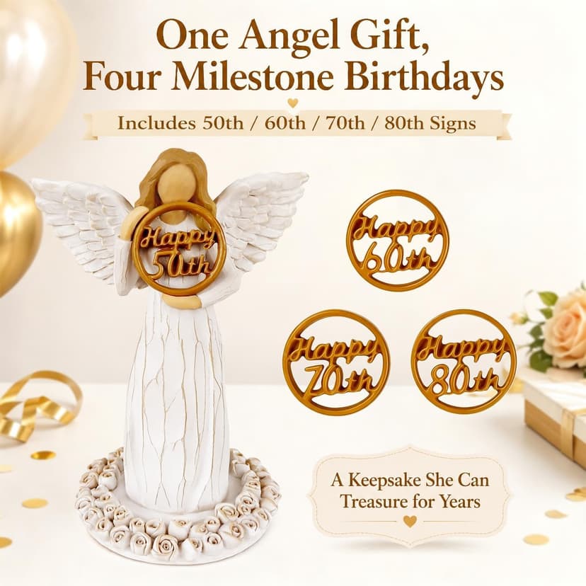Hand-Painted Resin Angel Figurine with Rose Base, Milestone Birthday Gift for Mom Grandma Wife Sister 50th Birthday Gifts for Women - Replaceable 60th, 70th, 80th Age Plates B0H8CG1828