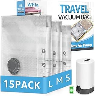 Vacuum Bags for Travel with Rechargeable Pump, 3 Sizes Vacuum Seal Bags for Clothing, Compression Vacuum Travel Bags for Luggage, Vacuum Packing Bags for Closet Organization (15 Combo Travel Size)