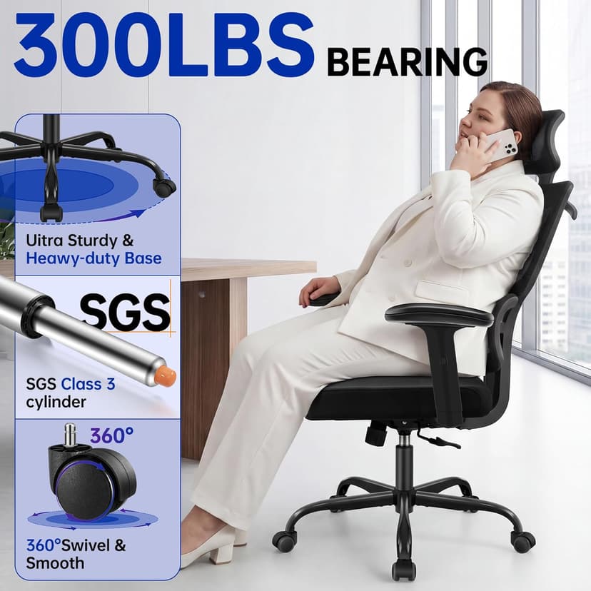 Ergonomic Office Chair, High Back Mesh Computer Chair with Comfortable Adaptive Lumbar Support, Built-in Coat Hanger, SGS Class 4 Gas Lift, Heavy Duty 300lbs for Long Hours Home Office, Black