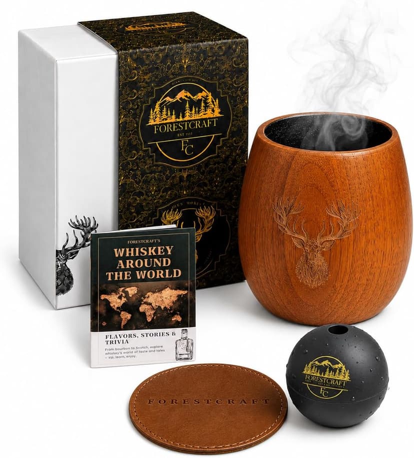 Charred Wooden Whiskey Glass Gift Set of 1 – Jujube Wood Bourbon Drinking Cup, Handmade Whiskey Tumbler with Coaster, Ice Mold & Book, Gift for Whiskey Lovers (10oz) B0H1JQVT46