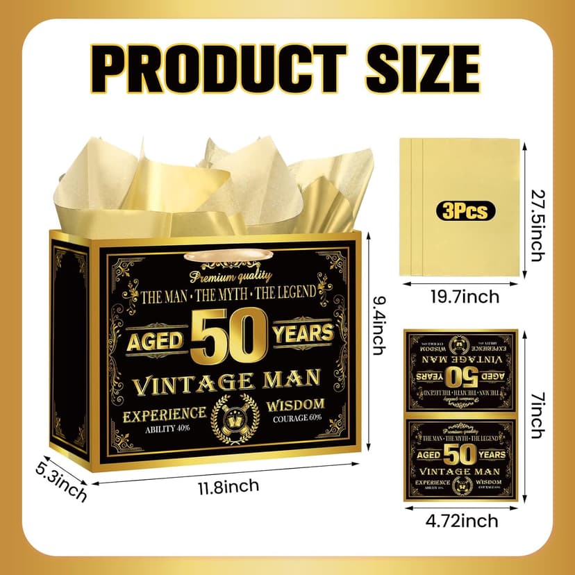 Vintage 50th Birthday Gift Bag for Men with 50th Wrapping Paper and Card Black Gold 1976 Birthday Gift Wrap Treat Bags for Vintage Men Aged 50 Years Old Bday Anniversary Party Supplies Decorations