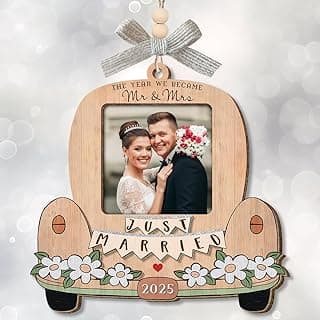 Just Married Personalized Christmas Ornaments - Wedding Gifts for Couples 2025, Bridal Shower Gift for Bride, Custom Wooden Ornaments with Picture, Newly Wed Gifts for The Couple Mr and Mrs Engagement