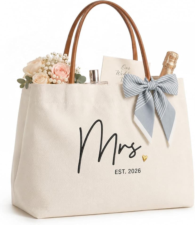 Engagement Gift for Bride, Wifey, Bachelorette Party Favors, Honeymoon, Wedding Essentials Bag with Leather Handle & Pocket Bridal Shower Gifts Bride Tote Bag for Bride to Be, Future Mrs B0GTV3F3QJ