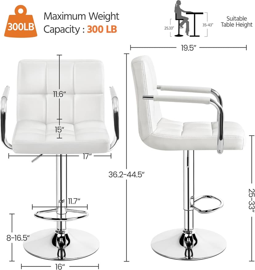 Yaheetech Bar Stools Set of 2, PU Leather Adjustable Swivel Barstools, Hydraulic Kitchen Counter Height Bar Chairs with Armrest and Back for Bar, Kitchen, Dining Room, White