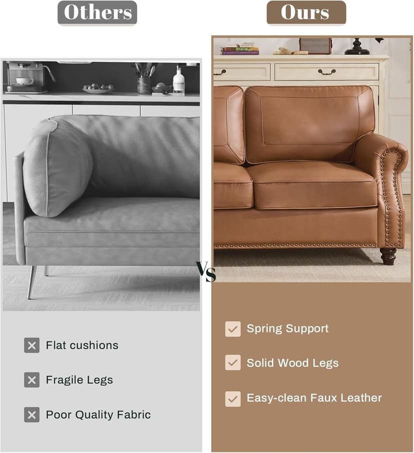 Kingfun Mid-Century Modern Couch, Faux Leather Sofa, 3 Seater Couch for Living Room with Rolled arms & Nailhead Trim, Brown