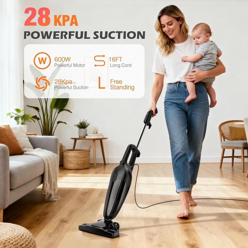 Zefiro 600W 28kpa Small Corded Stick Vacuum,16Ft Corded Handheld Vacuum Cleaners for Home, Hard Floor, Carpet, Pet Hair,Dorm,RV