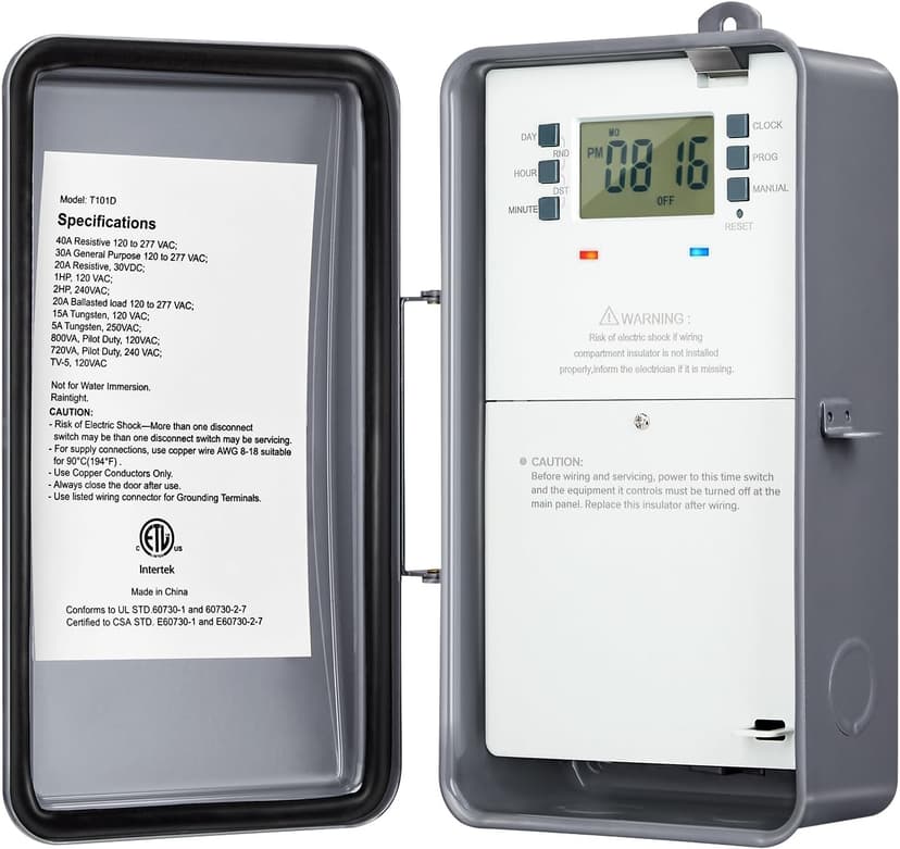 Suraielec Pool Timer, 7-Day 24-Hour Digital Pool Pump Timer, 40 AMP Heavy Duty, 120/240/277 VAC, Outdoor Metal Casing, Electric Switch Box for Swimming Pump, Hot Water Heater, Spa, Lights